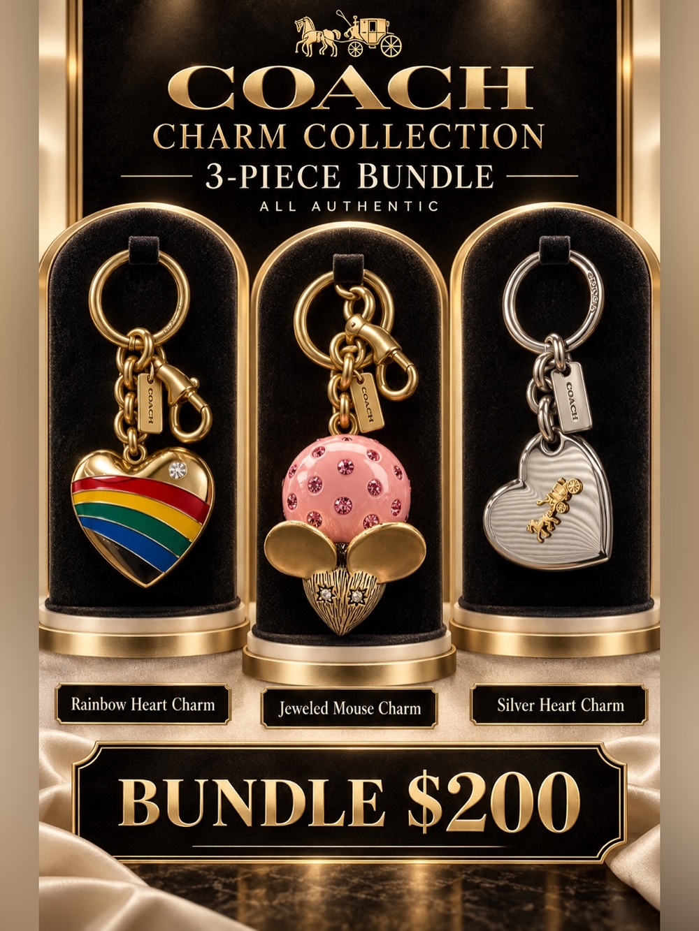 COACH 3-Piece Charm Bundle - Pink Jeweled Mouse, Rainbow & Silver Heart